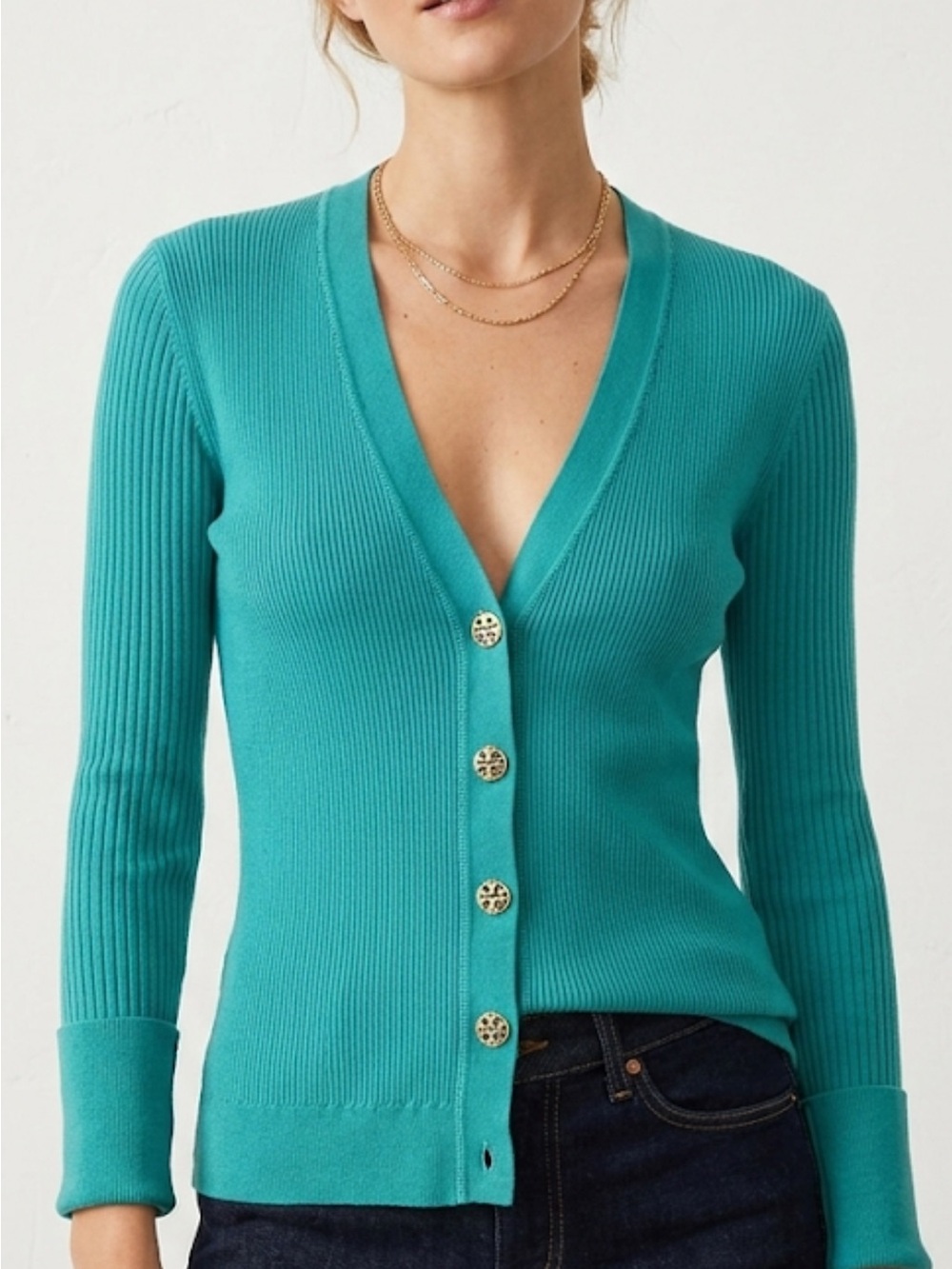 Tory Burch Teal Ribbed V-Neck Button Cardigan 100% Cotton. NWOT
